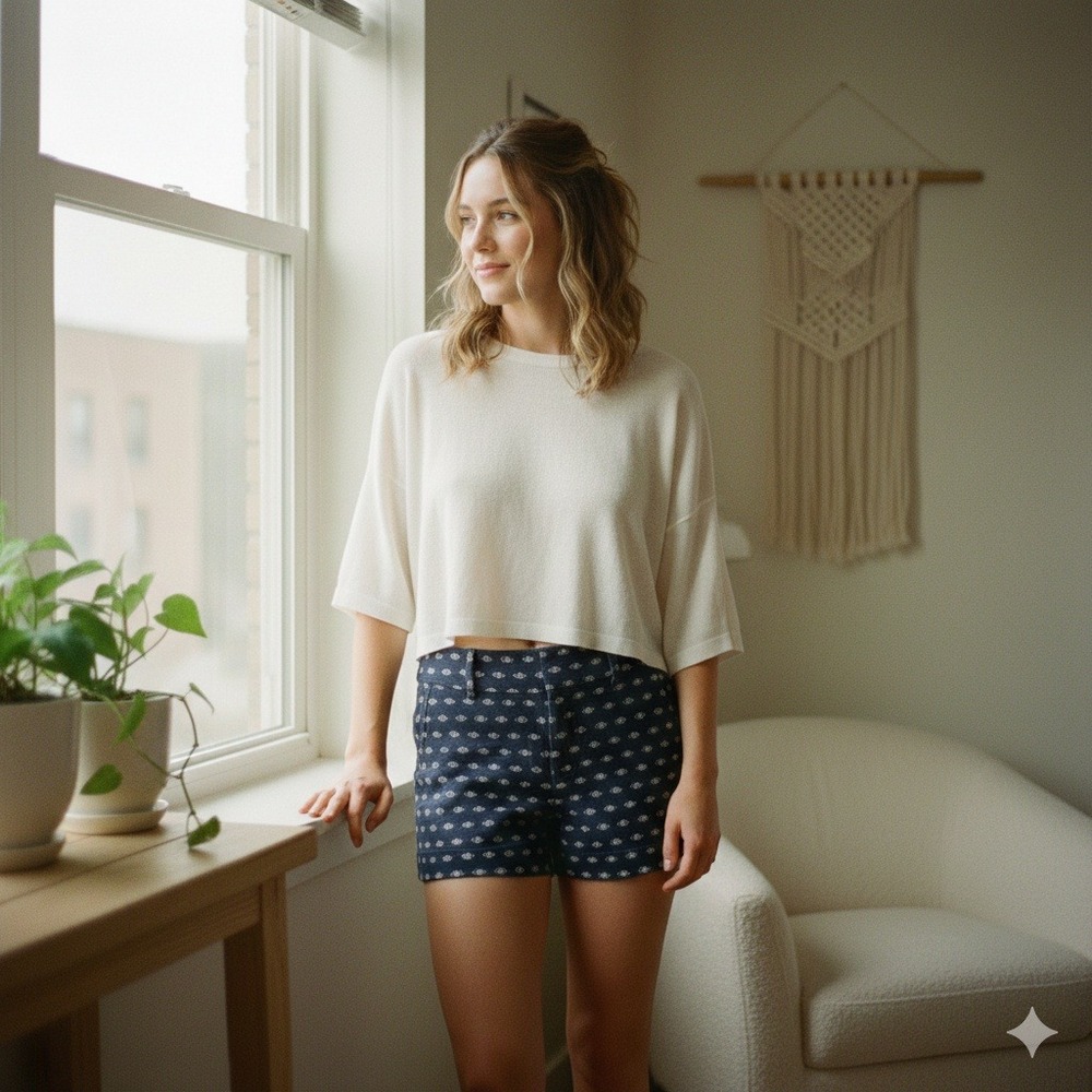 Ann Taylor Navy Diamond Print Shorts High Rise‎ Casual Summer - Size 10